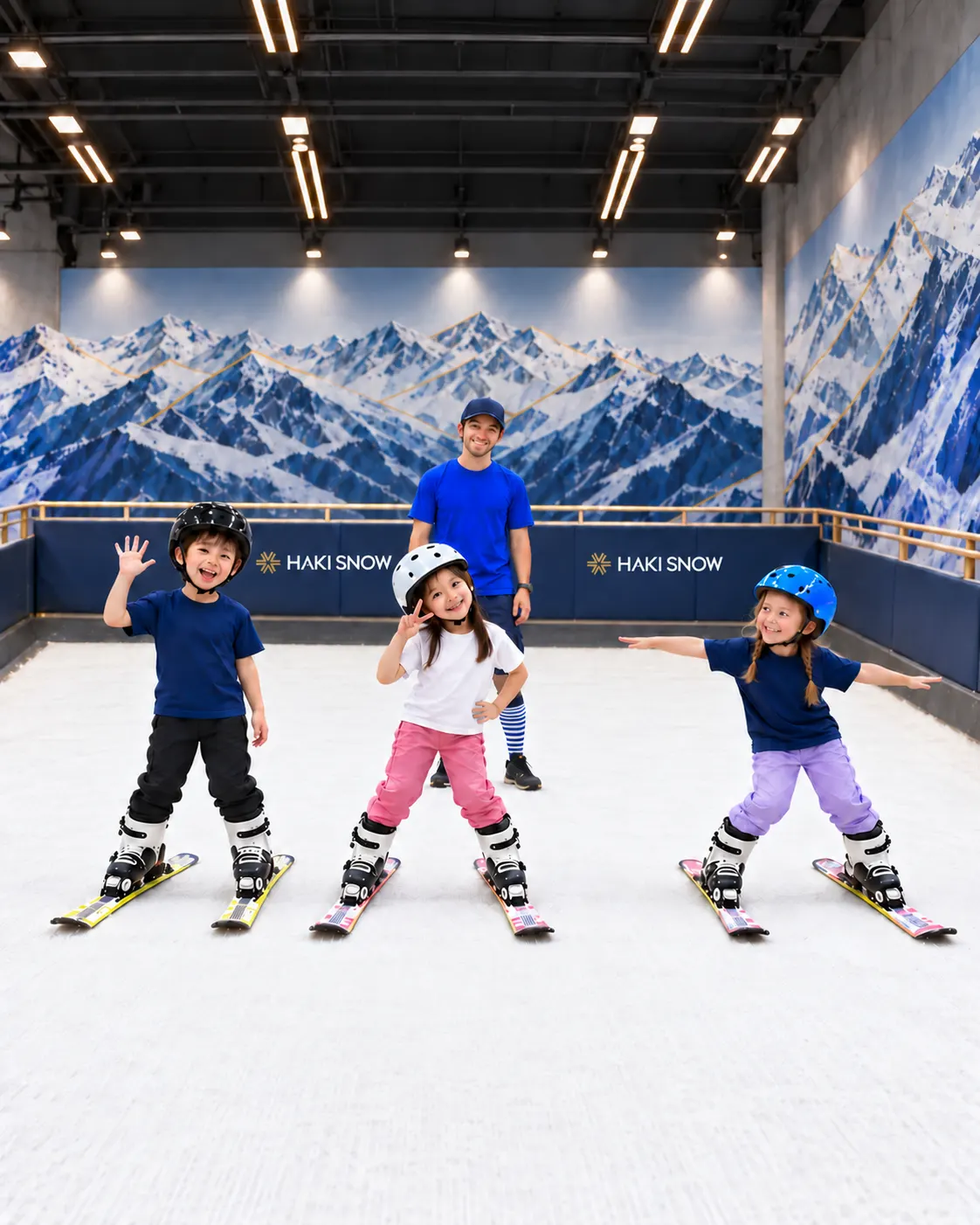 โลโก้ HAKI SNOW คู่บนแผงกั้นสีน้ำเงินในลานฝึก