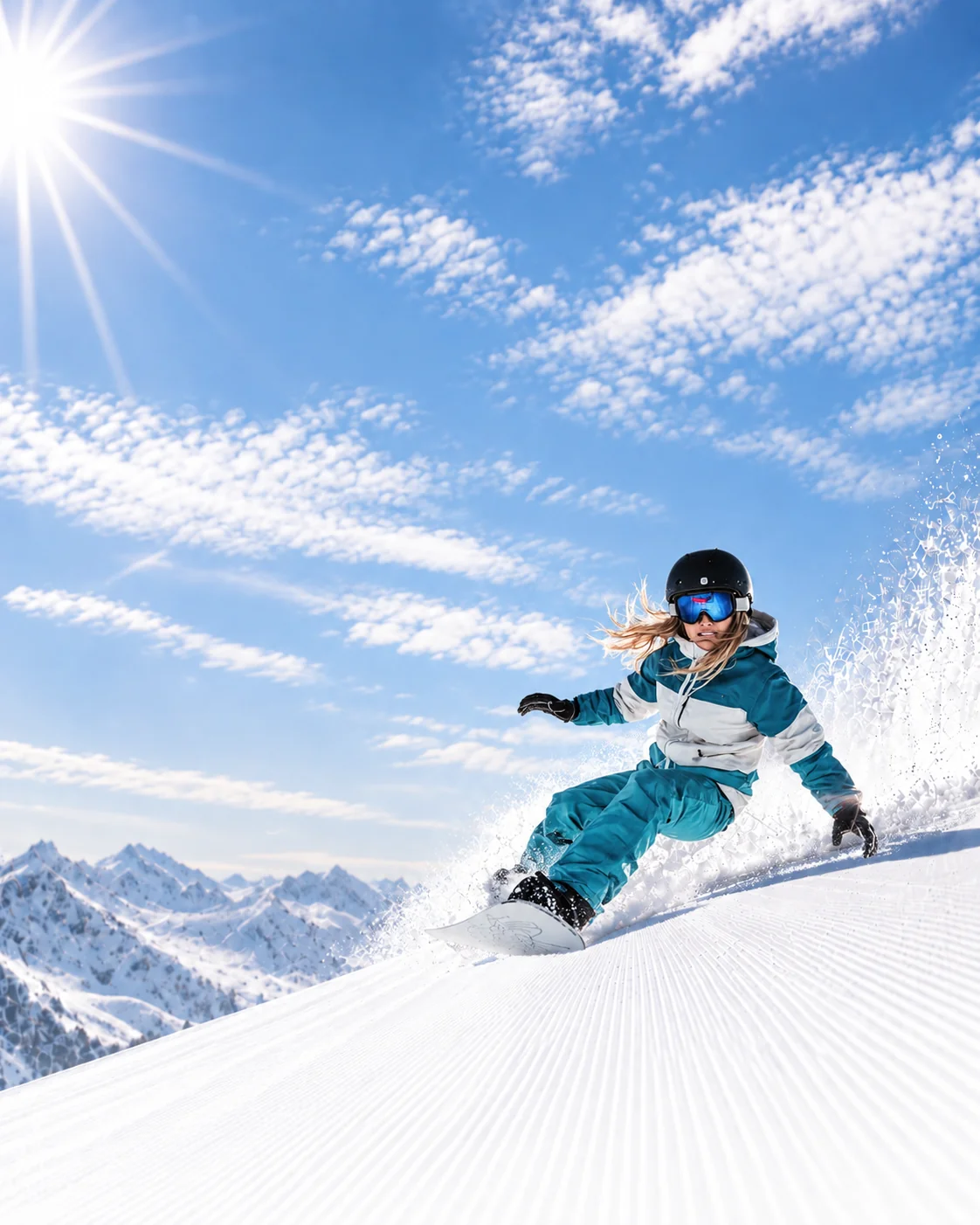 นักสโนว์บอร์ดหญิงพุ่งผ่านลานหิมะที่ HAKI SNOW — Performance & Fitness
